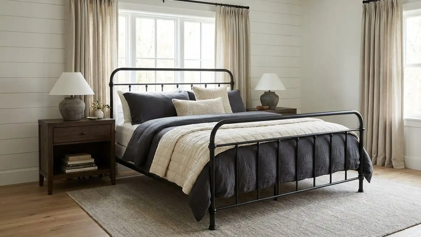 Well-styled bedroom with jernsenger iron bed showing proper sizing and placement