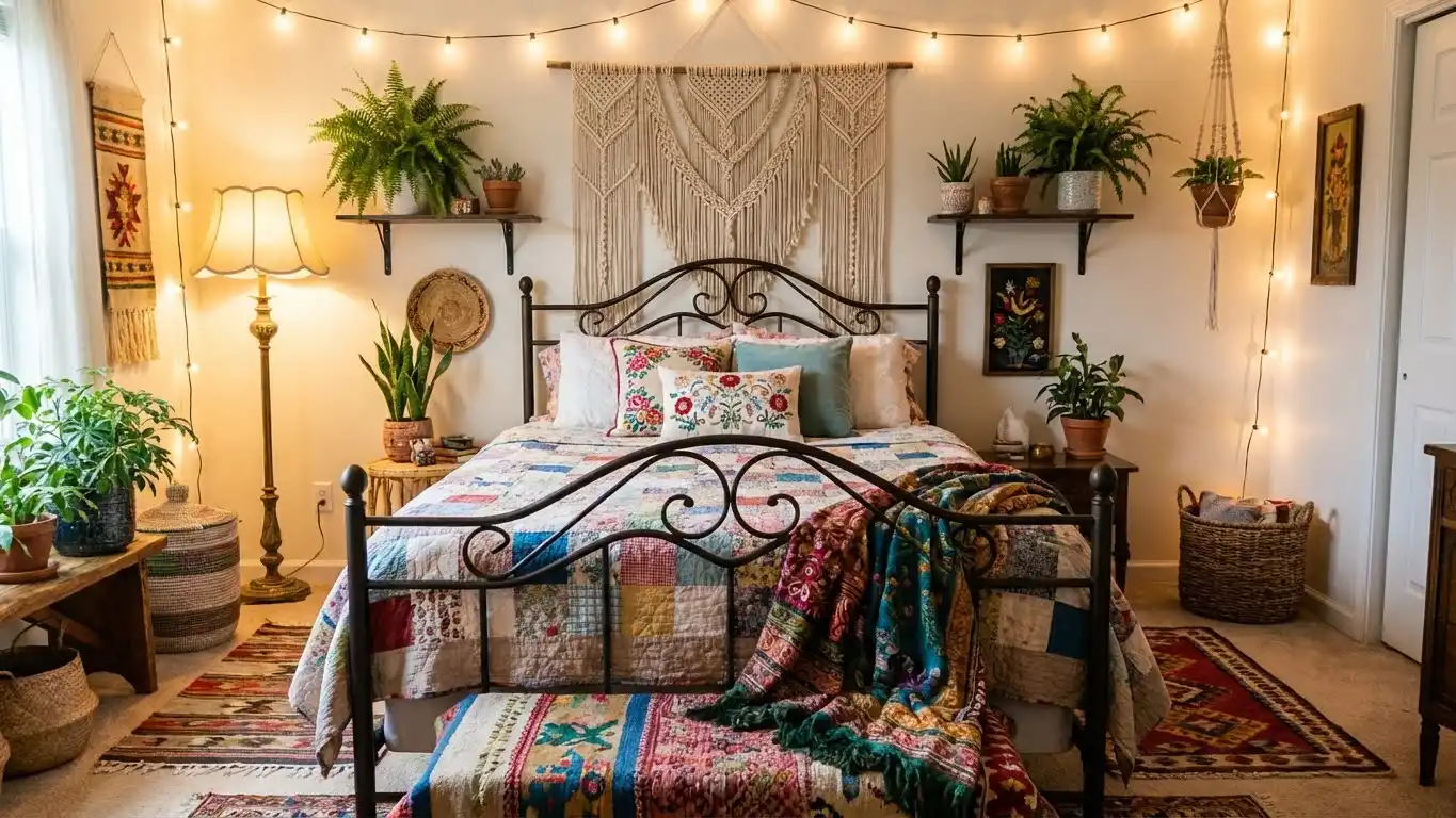 Jernsenger with colorful textiles in bohemian bedroom