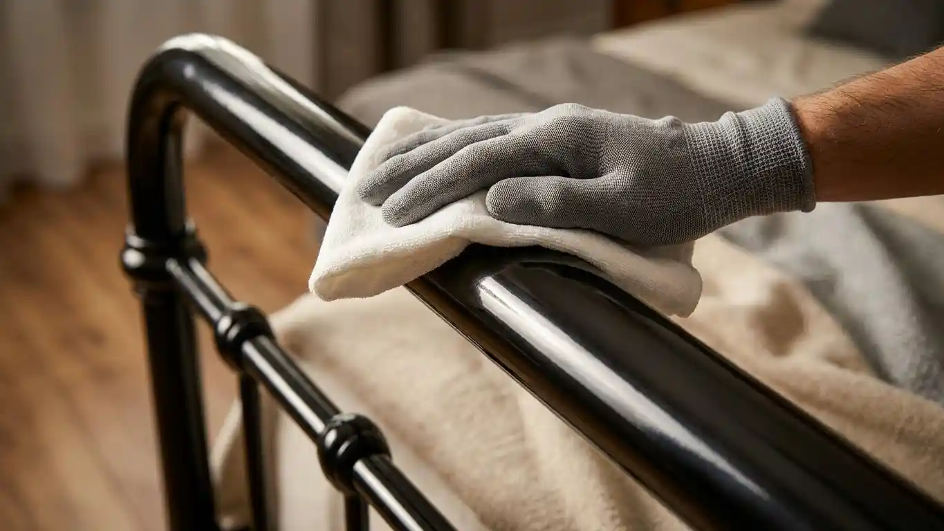 Close-up of cleaning and maintaining a jernsenger iron bed frame