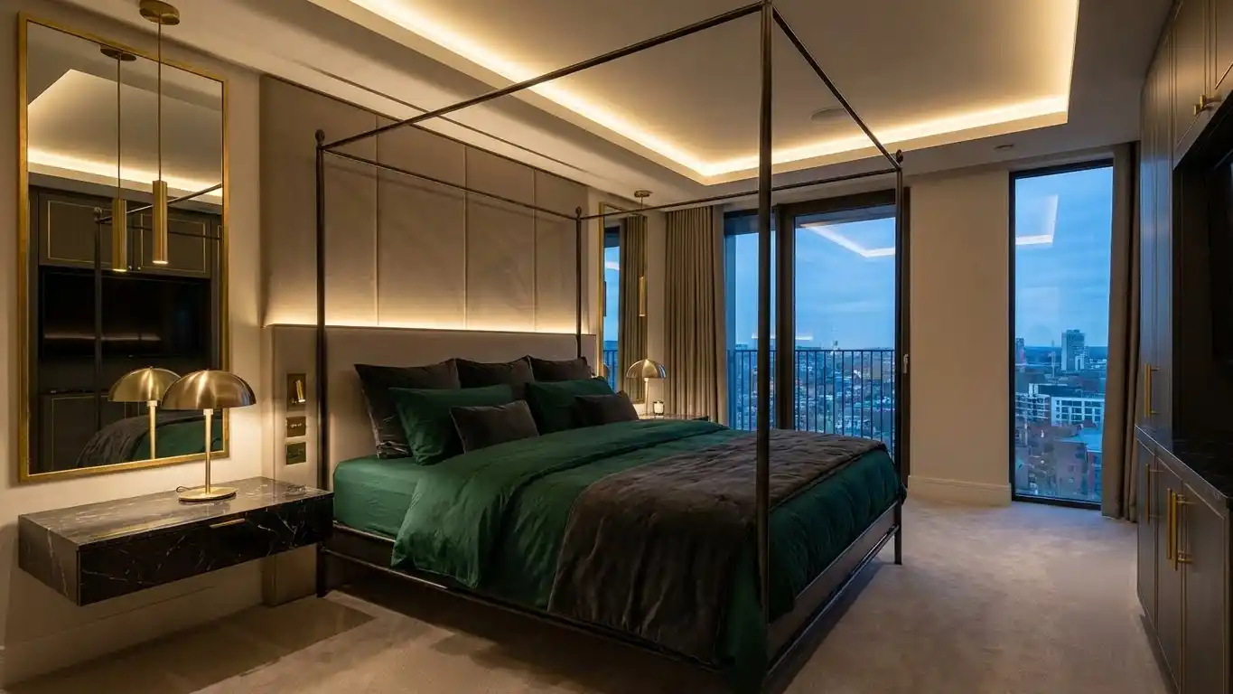 Jernsenger in modern luxury bedroom with rich textures