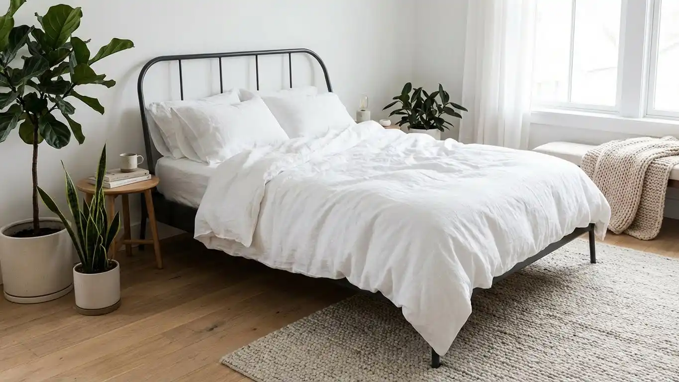 Jernsenger with white linens in Scandinavian style bedroom