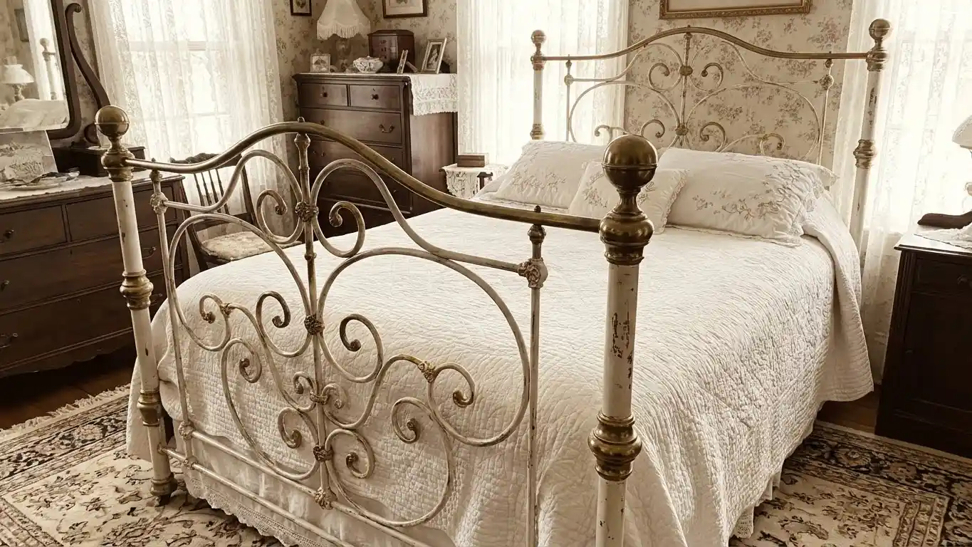 Antique Victorian-era jernsenger (iron bed) with ornate scrollwork and brass details